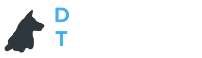 Logo Dogtranslator bleu et blanc avec une silhouette de chien gris foncé dans le D.
