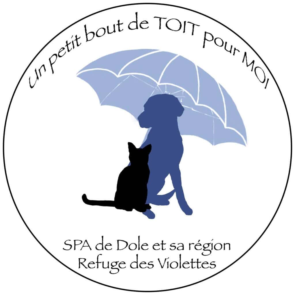 Logo de la SPA de Dole avec un chien et un chat sous un parapluie